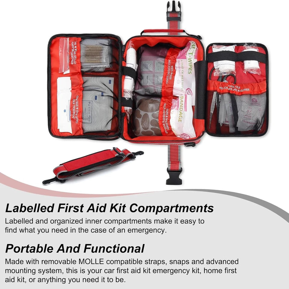 Professional 500 Piece Emergency First Aid Kit for Home, Car, Travel, Red